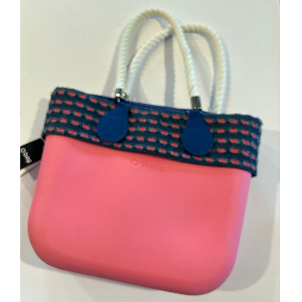 O Bag Mini Coral Pink EVA Rubber Tote Denim Trim White Rope Handles New READ